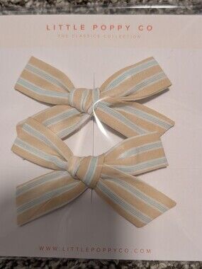 Little Poppy Co Beige & Light Blue Striped Pigtail Clips